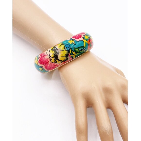 Vintage Lucite Fabric Over Wood 1” Wide Bangle Bracelet Chunky Statement Floral - Picture 1 of 7